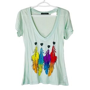 Wildfox tee shirt feather heart graphic teal rainbow shirt sleeve top size small
